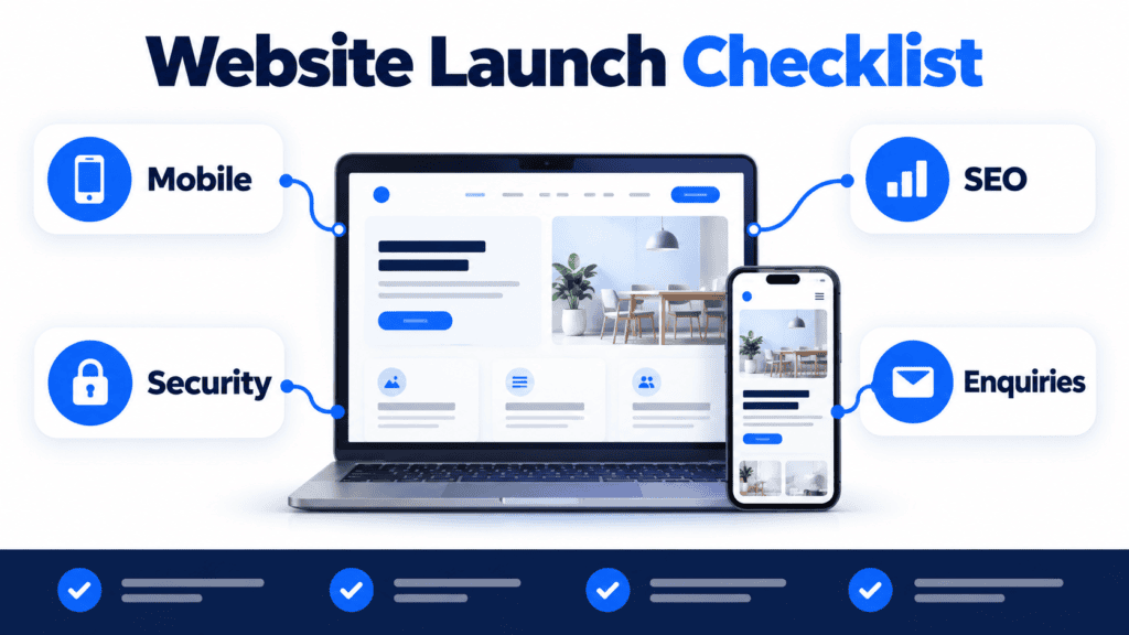 Infographic showing key checks for a website launch: mobile, SEO, security and enquiries.