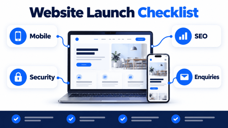 Infographic showing key checks for a website launch: mobile, SEO, security and enquiries.
