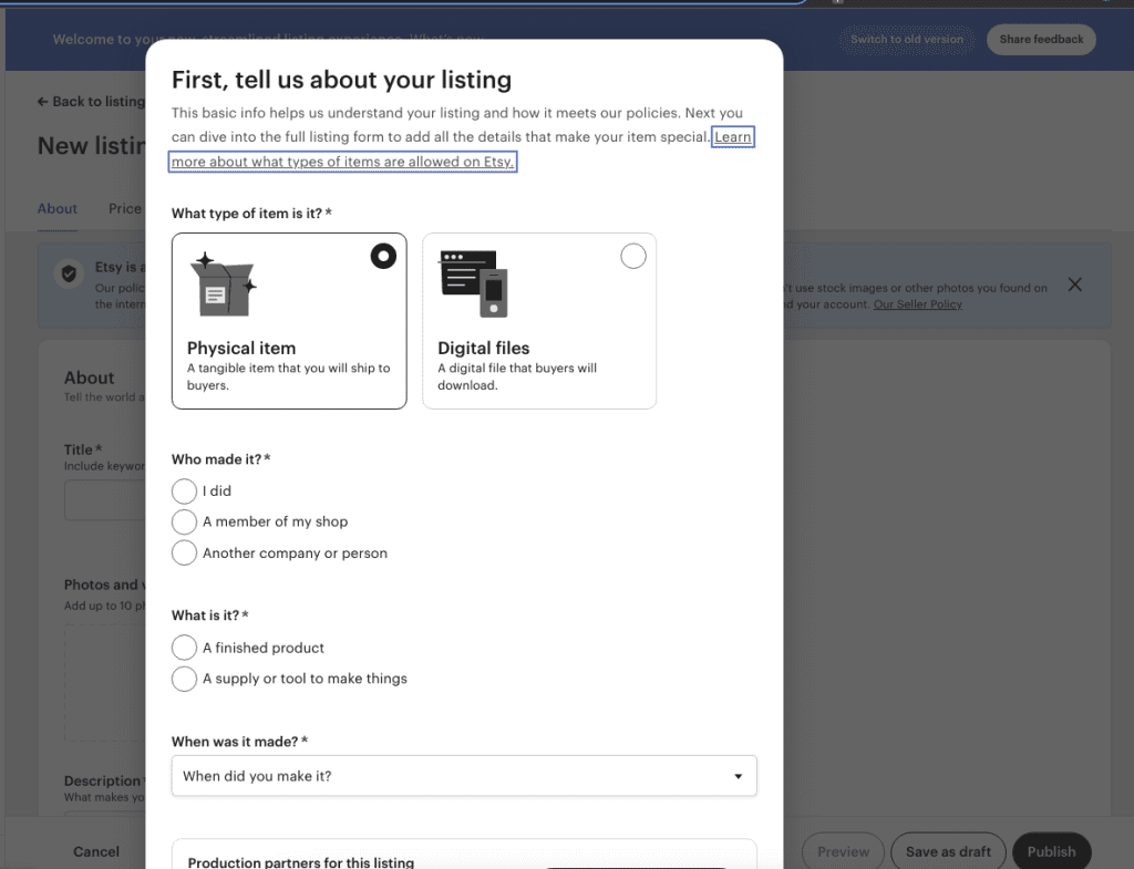 Etsy new listing setup