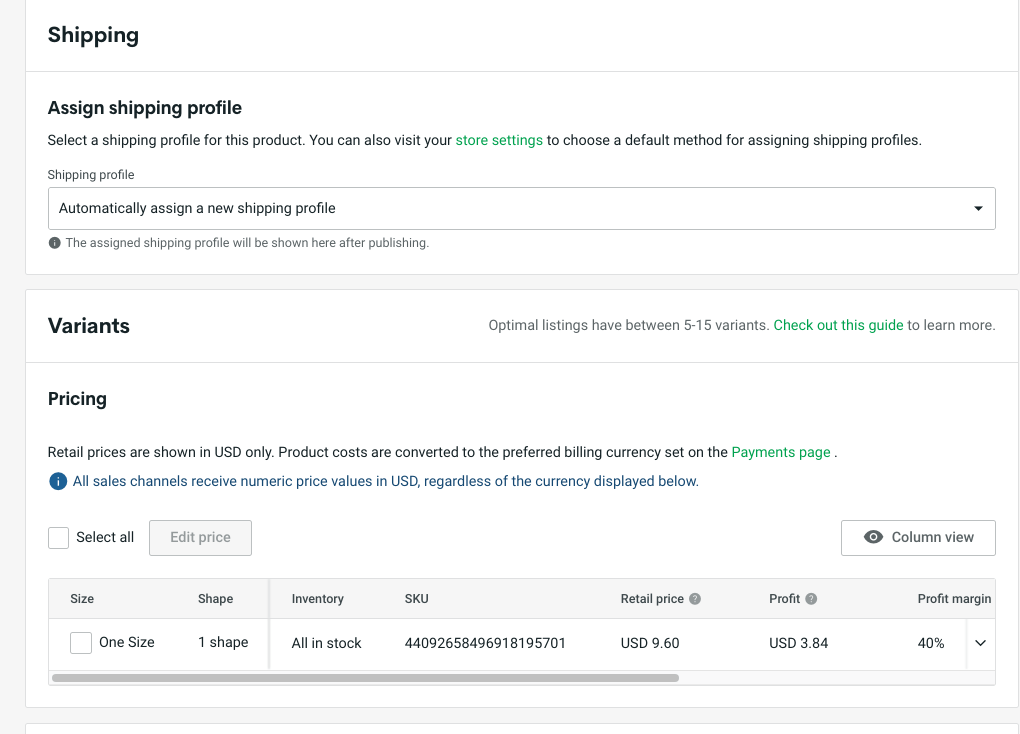 Printify Shipping profile