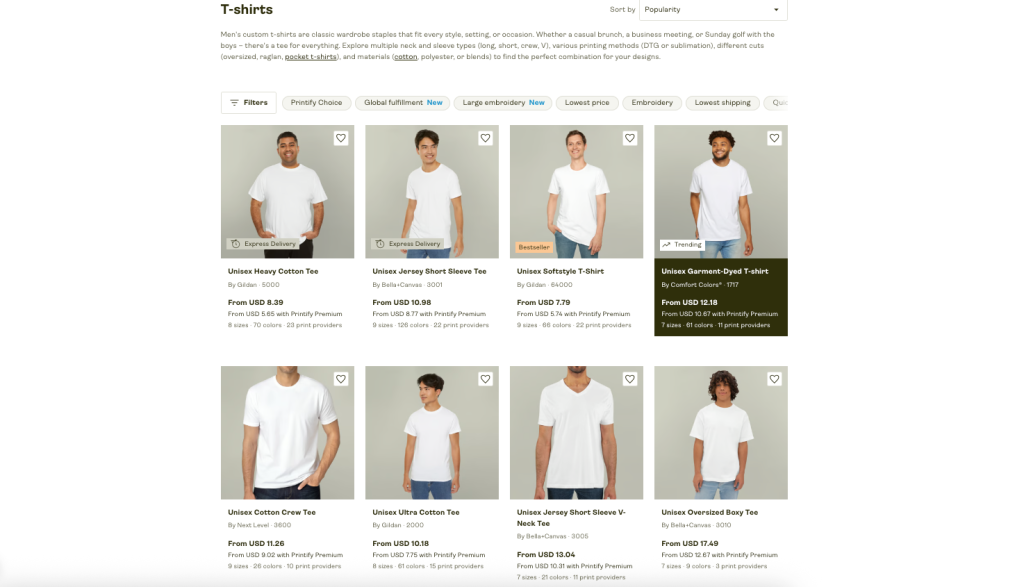 printify t shirt selection